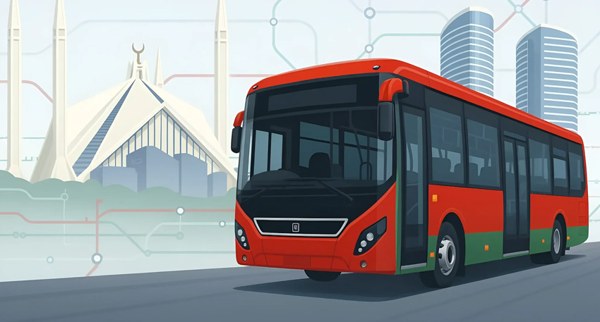 Illustration of an Islamabad red metro bus with the Faisal Mosque and skyline in the background.