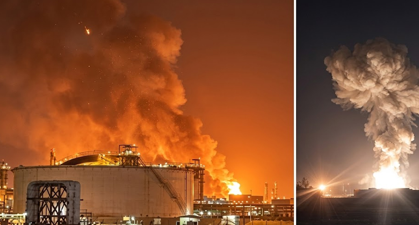 Split image of a massive orange fire at a gas facility and a towering plume of smoke during a night explosion.