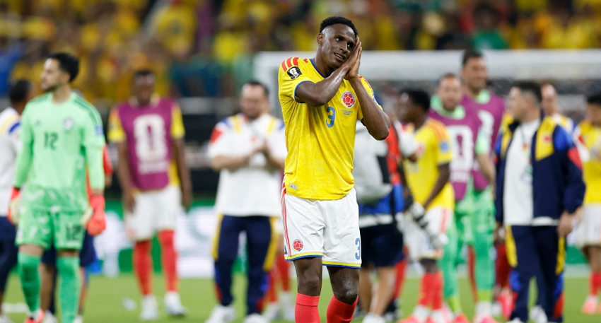 Colombian defender Jhon Lucumí celebrates as Colombia secures a 1-0 win over DR Congo at the 2026 World Cup.