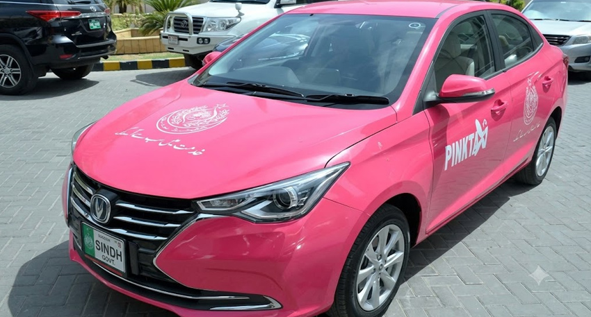 A pink Changan sedan for the Pink Taxi service in Sindh, Pakistan.