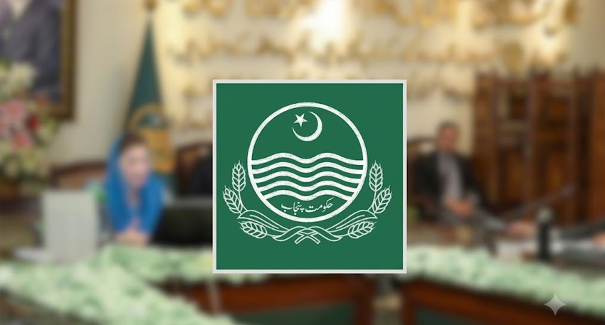 Green emblem of the Government of Punjab with a crescent and wheat stalks.