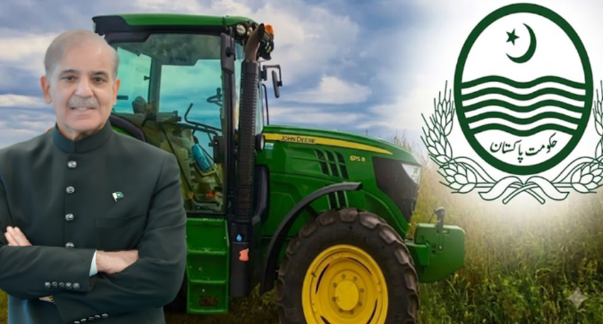 PM Shehbaz Sharif beside a green John Deere tractor with the Government of Pakistan logo.