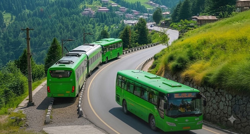 Green electric buses traveling along a winding mountain road in Murree, Punjab.