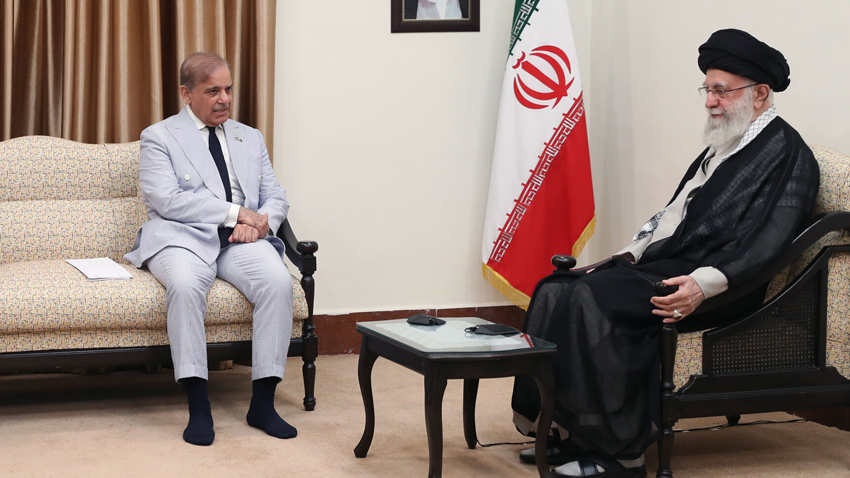 PM Shehbaz Sharif with deceased Supreme Leader Ayatollah Khomeinei. File Photo