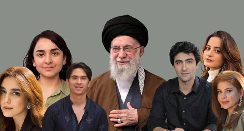 A collage of several people, including Iran's Supreme Leader Ali Khamenei and several Pakistani celebrities.