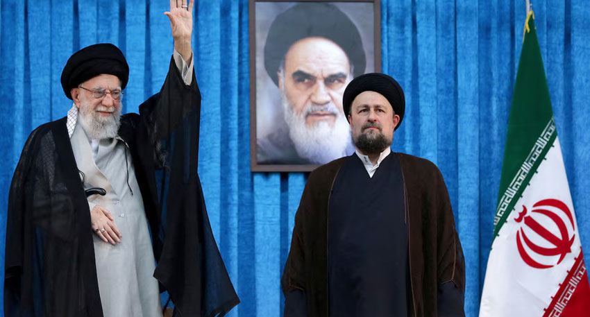 Ayatollah Ruhollah Khomeini's grandson, Hassan Khomeini stands next to Iran's Supreme Leader Ayatollah Ali Khamenei during the 36th anniversary of the death of the leader of Iran's 1979 Islamic Revolution, Ayatollah Ruhollah Khomeini June 4, 2025. Reuters