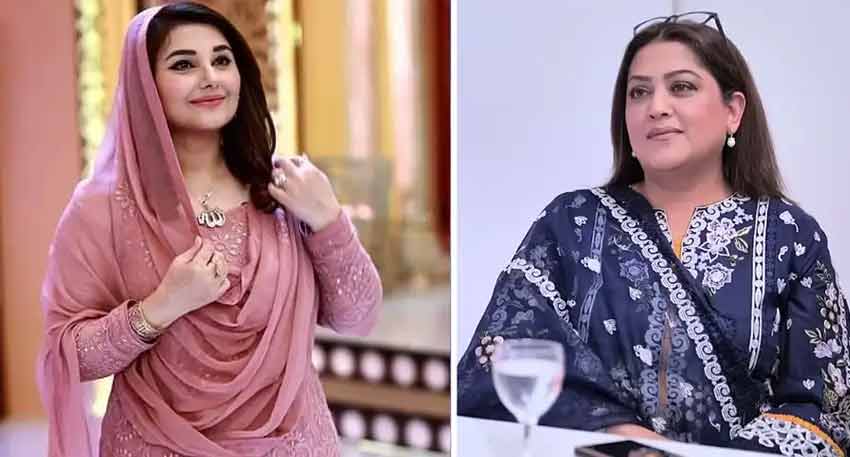 Actresses Javeria Saud and Fazila Qazi showcase elegant traditional styles in these contrasting pink and navy blue outfits.