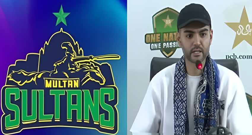 A split image featuring the green and gold Multan Sultans cricket team logo on the left and owner Ali Khan Tareen speaking at a press conference on the right.