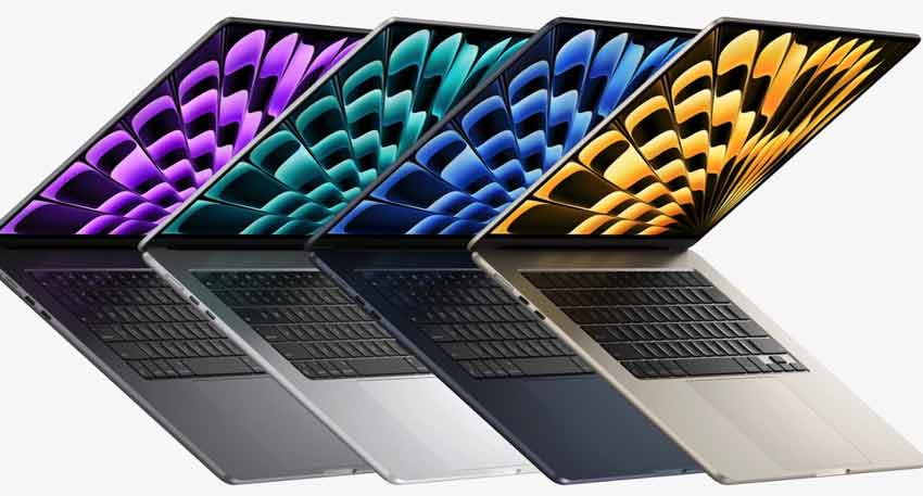 Four Apple MacBook Air laptops in Space Gray, Silver, Midnight, and Starlight colors displayed together.