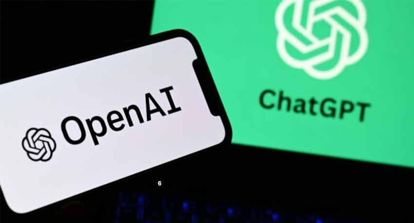 A smartphone displays the OpenAI logo and name, while a large screen in the background shows the ChatGPT logo and name.