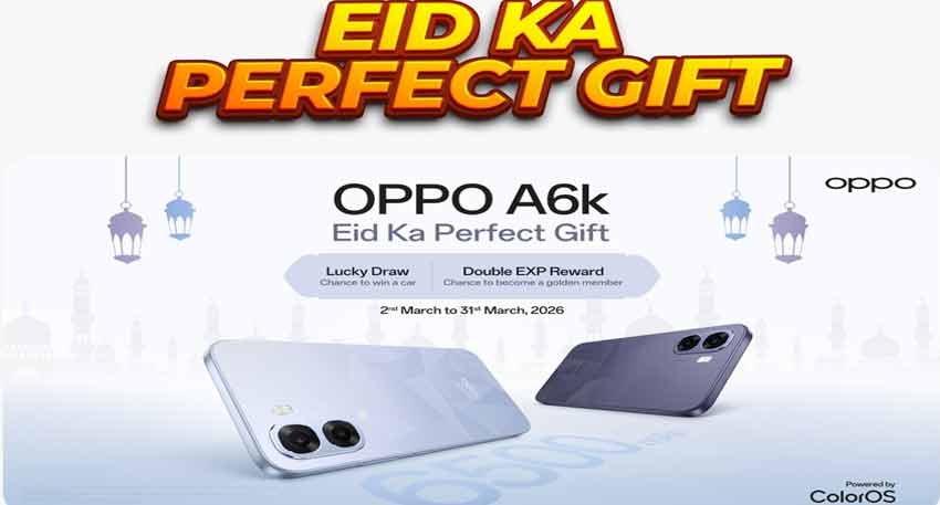 OPPO A6k 'Eid Ka Perfect Gift' advertisement featuring two phones and promotion details like a chance to win a car.