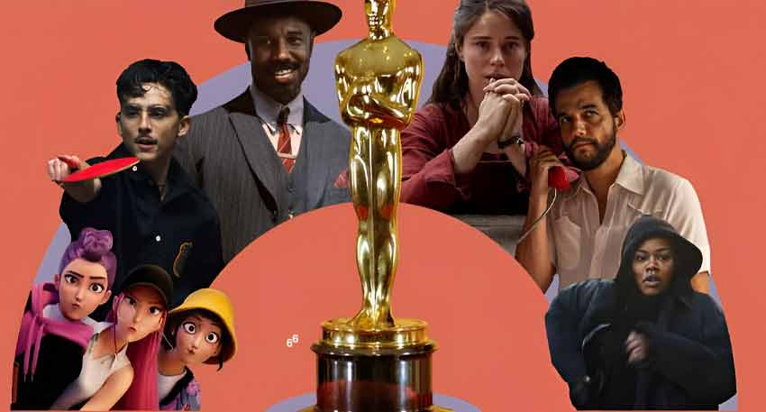 A gold Oscar statue surrounded by images of actors and animated characters from the 98th Academy Award nominations.