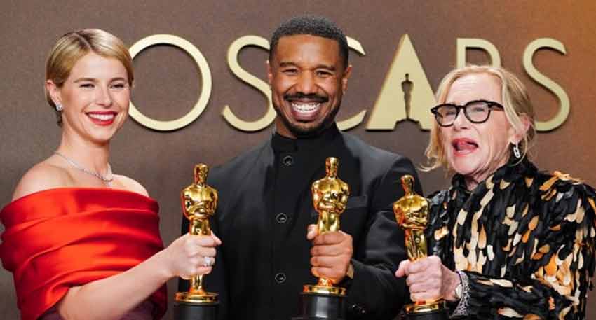 Jessie Buckley, Michael B. Jordan, and Amy Madigan pose with their Oscars at the 98th Academy Awards.