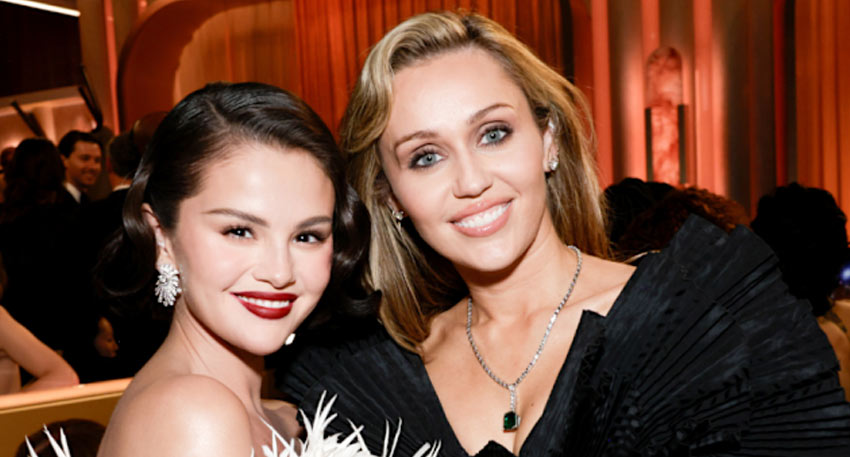 Selena Gomez and Miley Cyrus pose together at the 2026 Golden Globes.