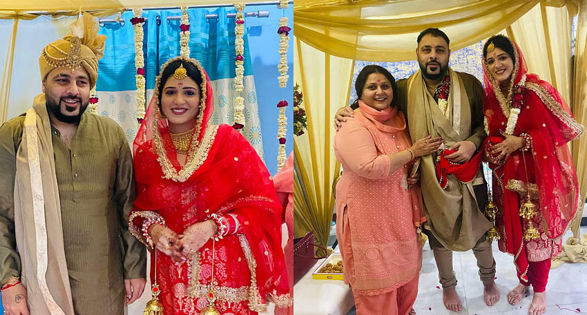 Rapper Badshah in a gold turban and kurta posing with a bride in a red lehenga and a woman in pink.