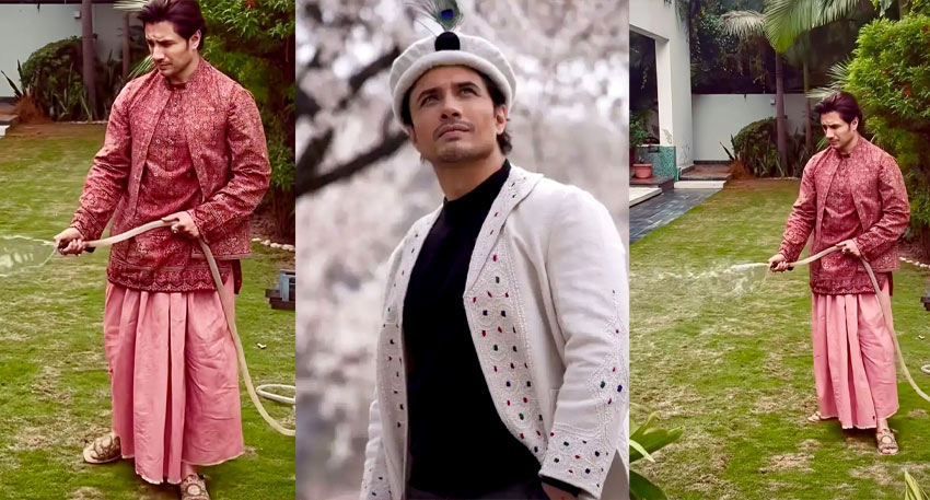 Ali Zafar wearing traditional Pakistani outfits in a garden.