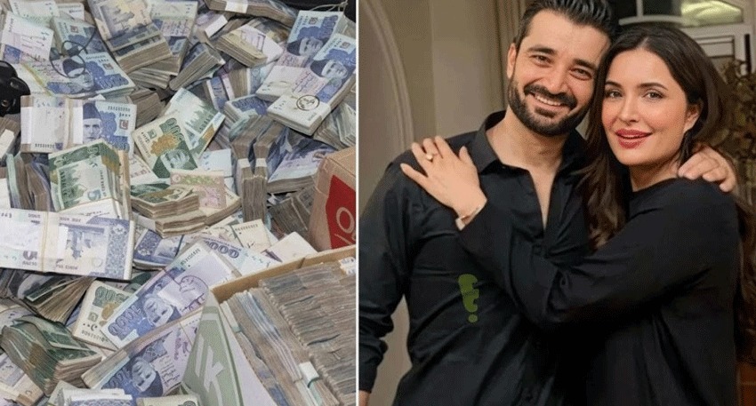 Pakistani currency notes & actor Hamza Ali Abbasi with wife Naimal Khawar amid Rs25bn money laundering case.
