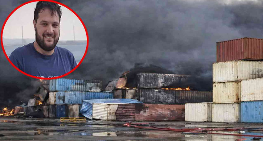 A split image shows a smiling young man in a blue shirt inset over a scene of burning shipping containers and smoke.