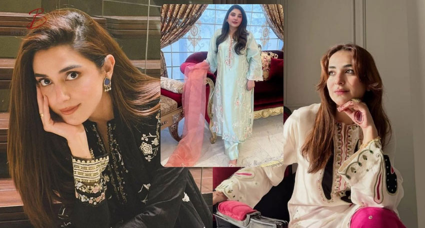 Collage of Pakistani actresses Maya Ali, Jaweria Saud, and Yumna Zaidi in traditional attire.