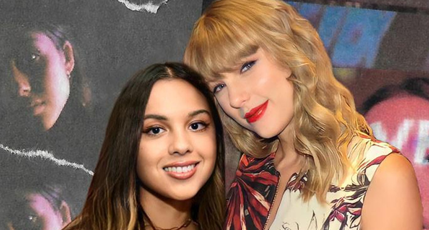 Taylor Swift and Olivia Rodrigo posing together and smiling at an event.