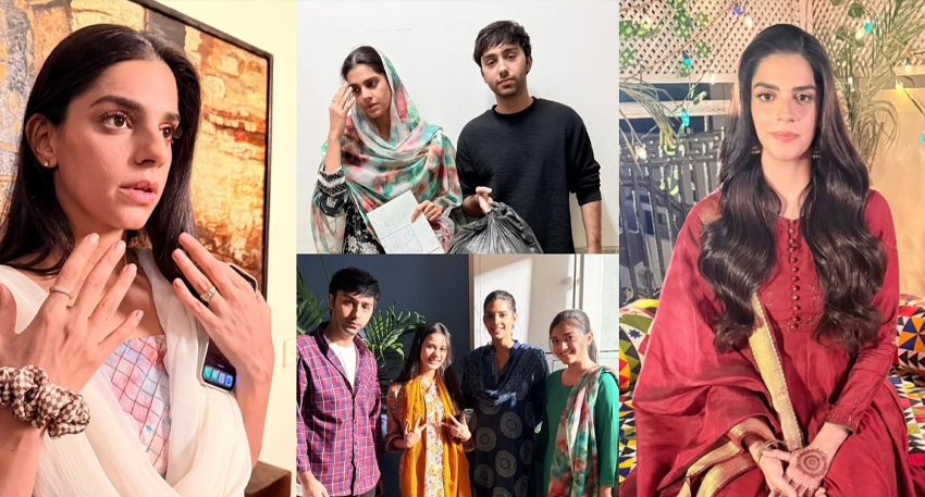 Collage of Sanam Saeed and cast members in various scenes and behind-the-scenes moments from the drama Kafeel.