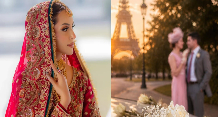 Split image: Nimra Khan in a red bridal dress; a blurred couple poses by the Eiffel Tower at sunset.