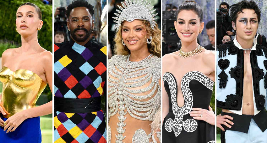 Five celebrities showcase avant-garde fashion on the Met Gala red carpet.