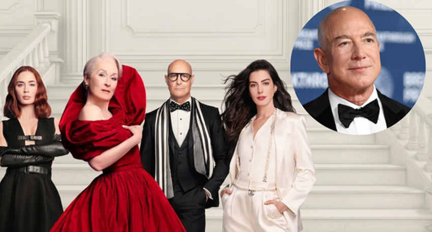 Cast of The Devil Wears Prada 2 on grand stairs, featuring Meryl Streep in red, with Jeff Bezos inset.