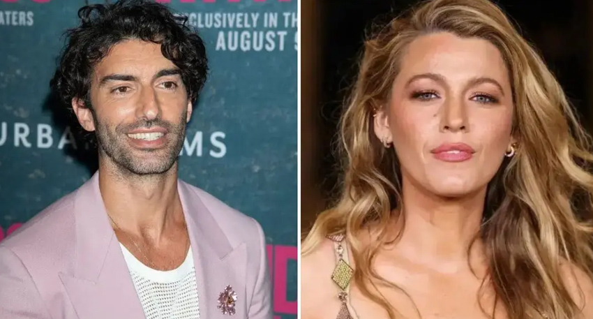A split-screen image showing Justin Baldoni in a pink suit on the left and Blake Lively with wavy blonde hair on the right.