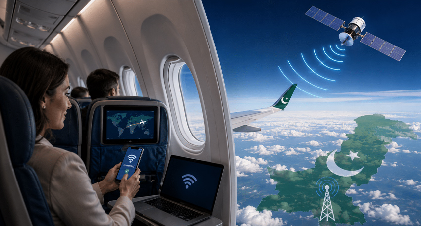 Illustration of passengers using Wi-Fi on a plane over Pakistan, linked to a satellite and ground tower.