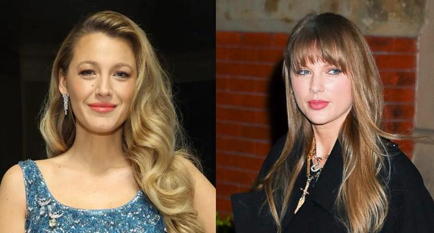 Split image of Blake Lively with wavy blonde hair and Taylor Swift with straight blonde hair and bangs.