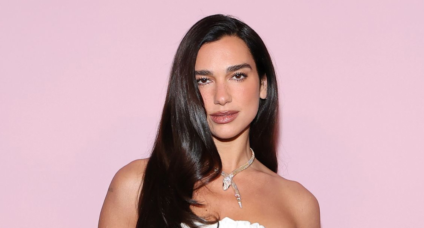 Portrait of Dua Lipa with long dark hair and a snake-themed necklace against a pink background.