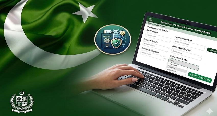 Person using a laptop to access the Government of Pakistan's online e-protector portal for overseas workers.