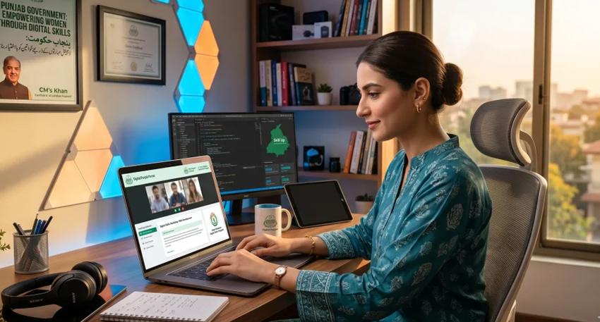 Women participating in Punjab’s new digital skills training program to learn and earn online