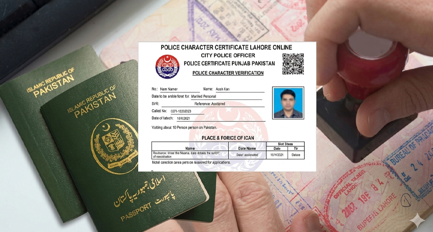 Pakistan green passports next to a Punjab Police character verification certificate being officially stamped.