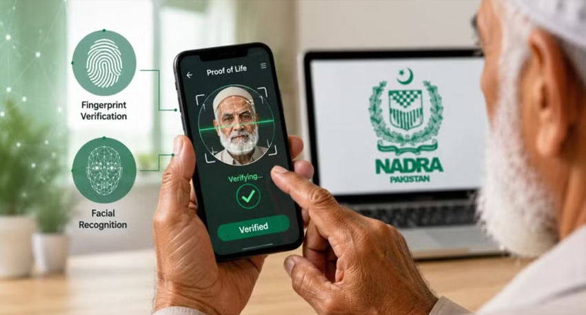 An elderly man uses a smartphone app for NADRA facial recognition to verify his 