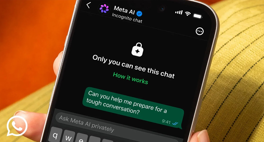 Smartphone screen showing WhatsApp's Incognito Chat with Meta AI, featuring a lock icon and 