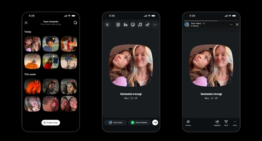 Three smartphone screens showing Instagram's 