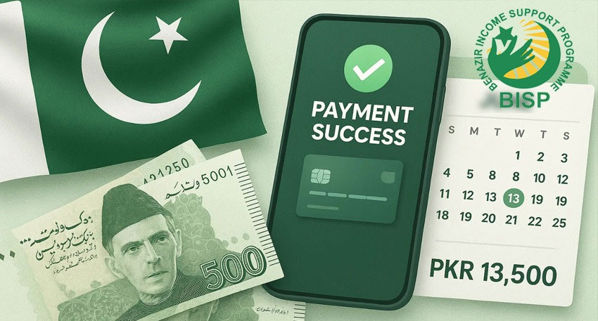 Graphic showing Pakistani currency, a phone with a successful payment screen, a calendar, and the BISP logo.