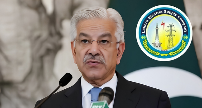Khawaja Asif speaking at a press conference with the LESCO logo overlaid.