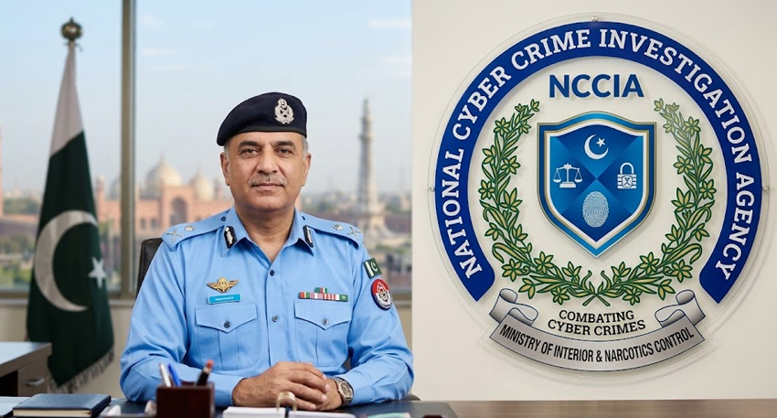 DIG Ali Nasir Rizvi sitting in office next to Pakistan's NCCIA logo.