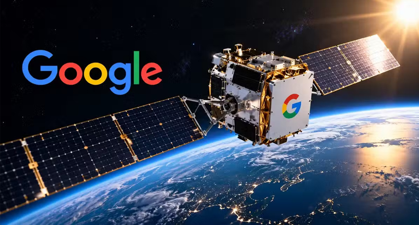 Google AI satellite with solar panels orbiting Earth.