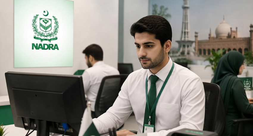 A male NADRA officer in a white shirt and green tie working at a computer desk.