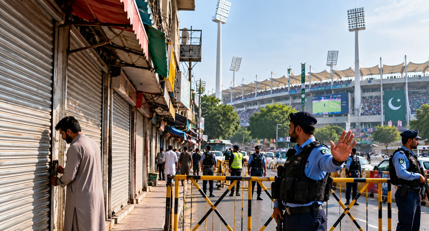 Police barricade street near Rawalpindi cricket stadium as shopkeeper closes store shutter.