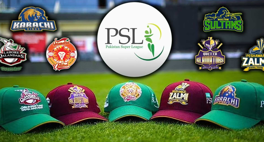 Logos and caps of Pakistan Super League teams lined up on a cricket ground.