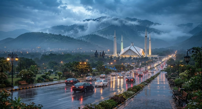 Faisal Mosque in Islamabad during a rainy evening with wet roads and Margalla Hills in the background.