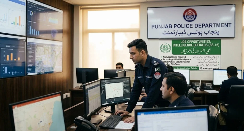 Punjab Police command center with officers at computers and a green PPSC intelligence officer job poster.
