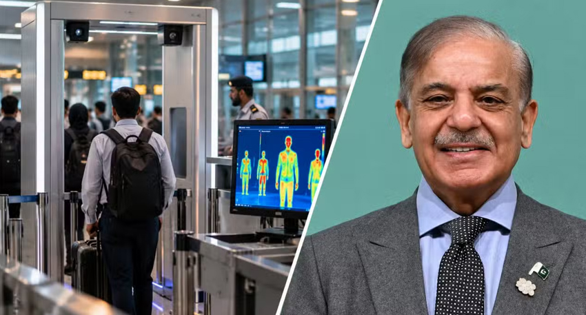Split image of travelers passing through an airport security scanner and Pakistani Prime Minister Shehbaz Sharif.