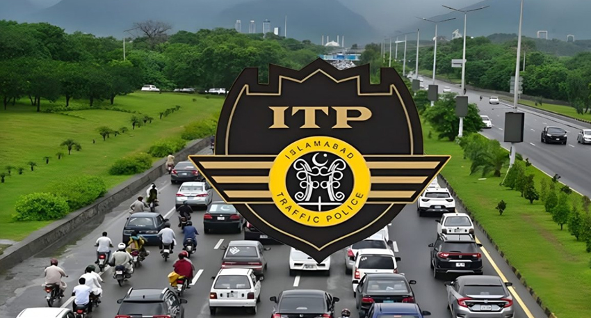 Vehicles driving on a highway in Islamabad next to the Islamabad Traffic Police logo.