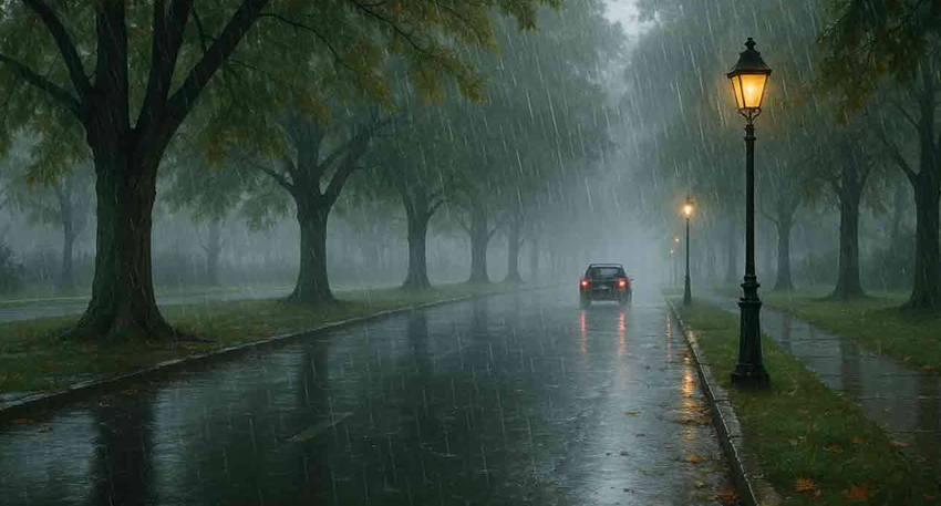 A car driving down a wet, tree-lined road during a heavy rainstorm with lit streetlamps.